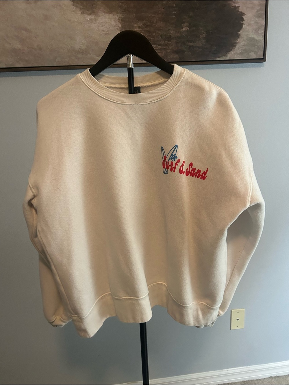 wild fable oversized Cream Crewneck with Red Script Logo and Blue Surf Graphic - Picture 1 of 3